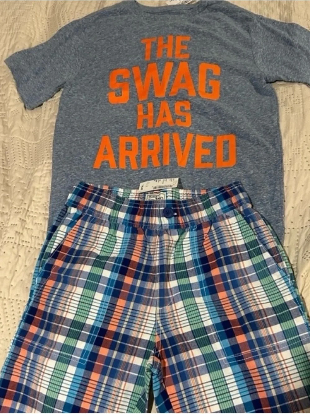 NWT Outfit Boy’s Plaid Cotton Shorts - Blue/Green/Orange and T shirt